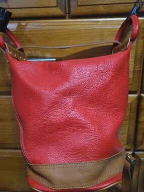 Valentina Red Leather Shoulder Bag with Brown Trim